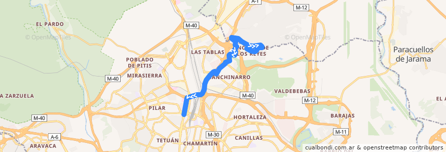 Mapa del recorrido Bus 155B: El Encinar de los Reyes → Madrid (Plaza Castilla) de la línea  en Madrid.