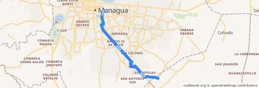 Mapa del recorrido Ruta VAN: Mercado Oriental -> Comarca Los Vanegas de la línea  en Managua.