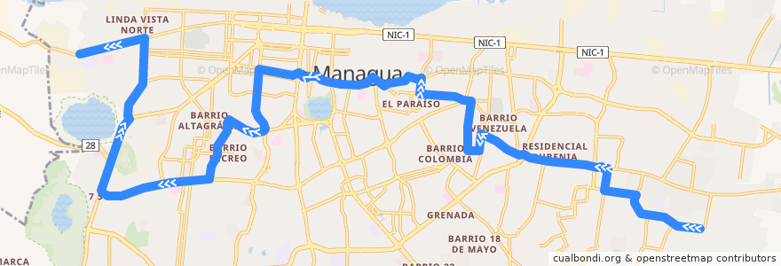 Mapa del recorrido Ruta 118: Laureles Sur -> Cuesta El Plomo de la línea  en Managua.