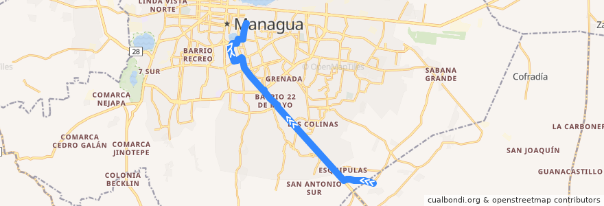 Mapa del recorrido Ruta VAN: Comarca Los Vanegas -> Mercado Oriental de la línea  en Managua.