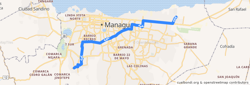 Mapa del recorrido Ruta 105: Unidad de Propósito -> Camilo Ortega de la línea  en Managua.