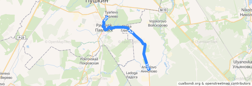 Mapa del recorrido Автобус № 493: Павловск, вокзал => Аннолово de la línea  en Ленинградская область.