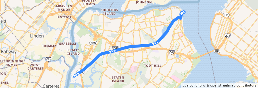 Mapa del recorrido SIBR - S62 de la línea  en Staten Island.