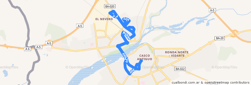 Mapa del recorrido Bus 2: Dragones H. Cortés-Estación FFCC-Cuestas de Orinaza de la línea  en Badajoz.