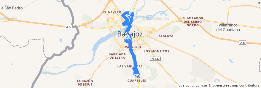 Mapa del recorrido Bus 6: Gurugú-Altozanos-Las Vaguadas de la línea  en Badajoz.