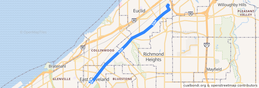 Mapa del recorrido RTA 28 Euclid de la línea  en Cuyahoga County.