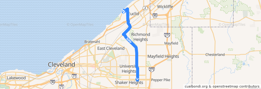 Mapa del recorrido RTA 34 East 200-Green de la línea  en Cuyahoga County.