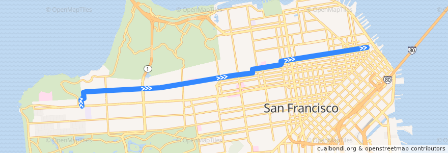 Mapa del recorrido Muni 1 inbound: The Richmond => Downtown de la línea  en San Francisco.