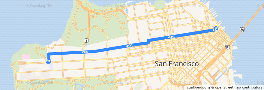 Mapa del recorrido Muni 1 outbound: Downtown => The Richmond de la línea  en 샌프란시스코.
