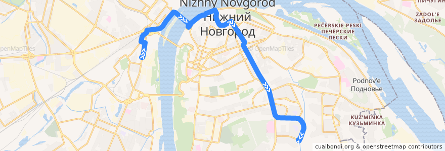 Mapa del recorrido Автобус 38: улица Долгополова => микрорайон Кузнечиха-2 de la línea  en городской округ Нижний Новгород.