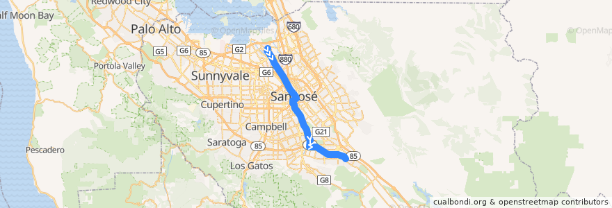 Mapa del recorrido Blue Line: Baypointe => Santa Teresa de la línea  en San Jose.