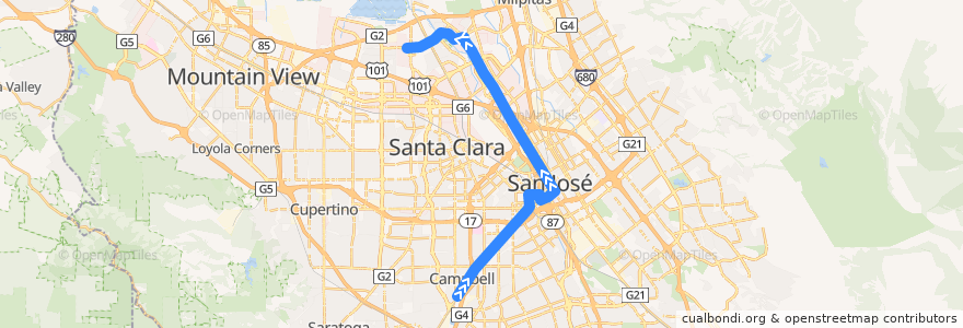 Mapa del recorrido Green Line: Winchester => Old Ironsides de la línea  en Santa Clara County.