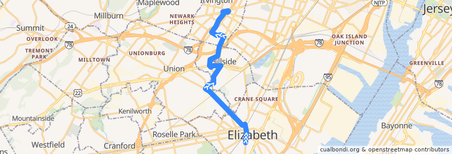Mapa del recorrido NJTB - 26 - Elizabeth to Irvington de la línea  en نیوجرسی.