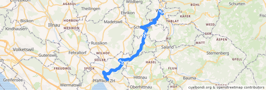 Mapa del recorrido Bus 833: Wila, Bahnhof => Pfäffikon ZH, Bahnhof de la línea  en Bezirk Pfäffikon.