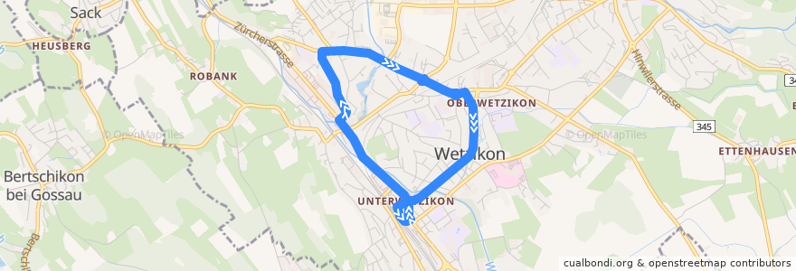 Mapa del recorrido Bus 852: Rundkurs Wetzikon ZH (via Robenhausen – Zentrum) de la línea  en Wetzikon (ZH).