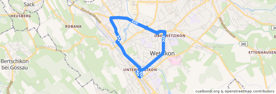 Mapa del recorrido Bus 853: Rundkurs Wetzikon ZH (via Zentrum – Robenhausen) de la línea  en Wetzikon (ZH).