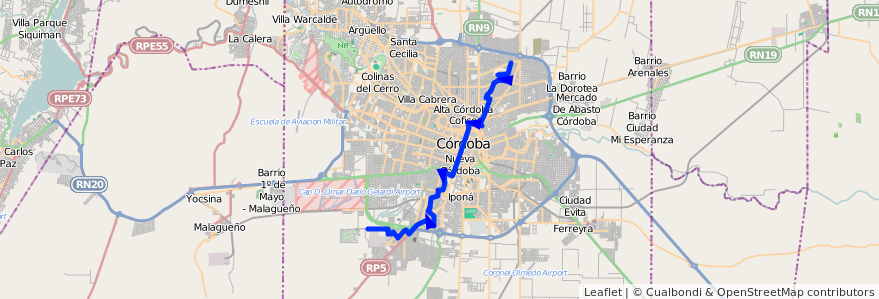 Mapa del recorrido 3 de la línea R (Rojo) en Córdoba.