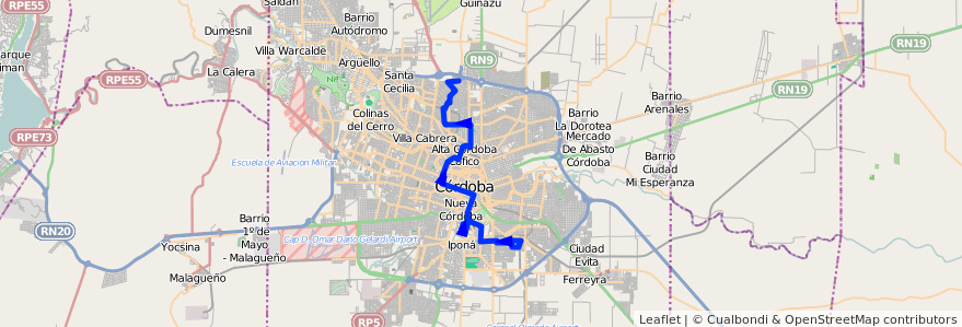 Mapa del recorrido 3 de la línea A (Azul) en Córdoba.