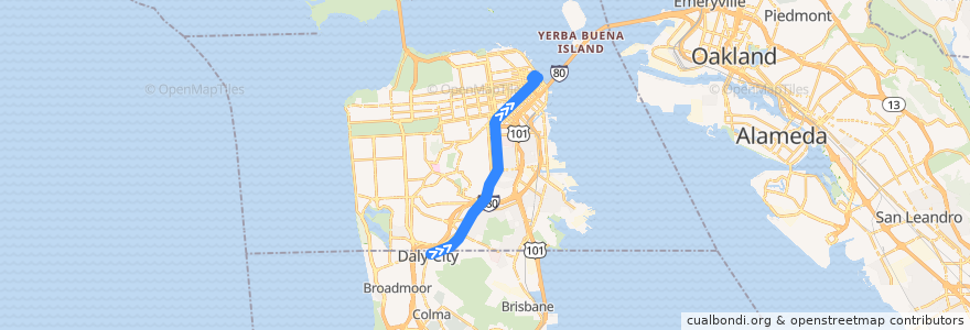 Mapa del recorrido Muni 14 inbound: Daly City => Downtown de la línea  en 旧金山.