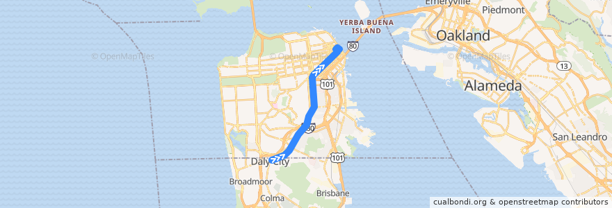 Mapa del recorrido Muni 14 inbound: Daly City => Downtown de la línea  en 샌프란시스코.