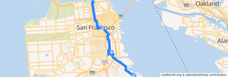 Mapa del recorrido Muni 19 inbound: Hunters Point => Fisherman's Wharf de la línea  en سان فرانسيسكو.
