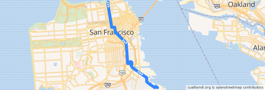 Mapa del recorrido Muni 19 outbound: Fisherman's Wharf => Hunters Point de la línea  en سان فرانسيسكو.