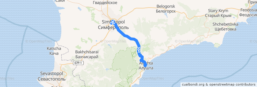 Mapa del recorrido Троллейбус №51: Симферополь - Алушта de la línea  en República Autónoma de Crimea.