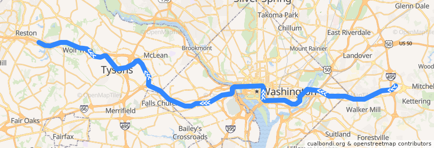 Mapa del recorrido WMATA Silver Line: Largo Town Center → Wiehle–Reston East de la línea  en 美利坚合众国/美利堅合眾國.