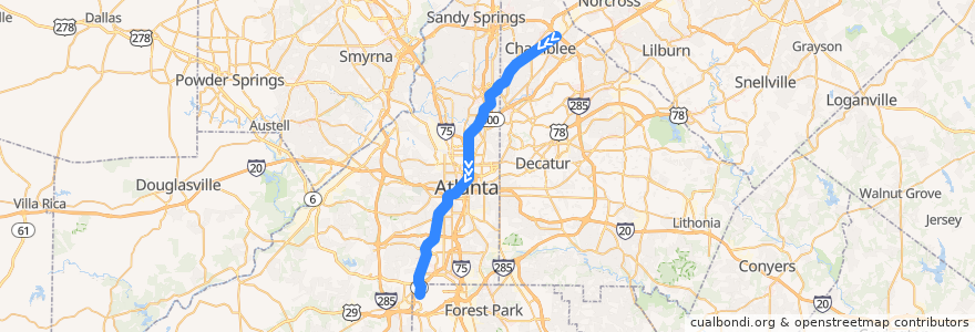 Mapa del recorrido Subway Gold Line: Doraville => Airport Station de la línea  en Georgia.