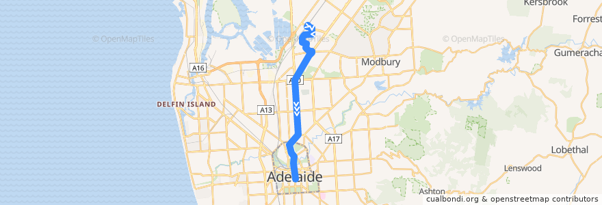 Mapa del recorrido 222 - Mawson Lakes to City (King William Street) de la línea  en Adelaide.