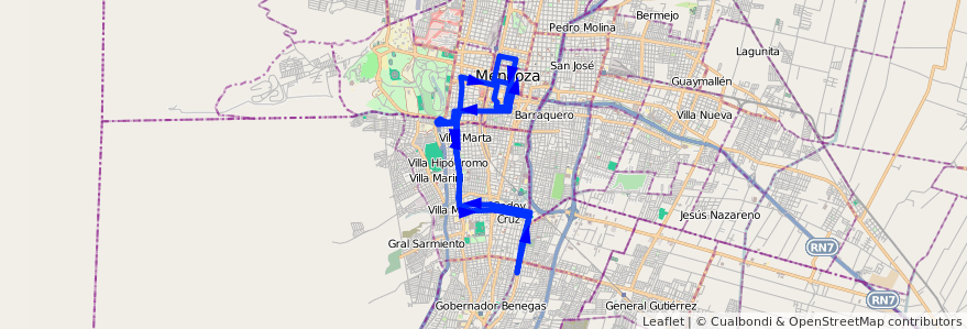 Mapa del recorrido 31 - Godoy Cruz - Centro de la línea G03 en Mendoza.