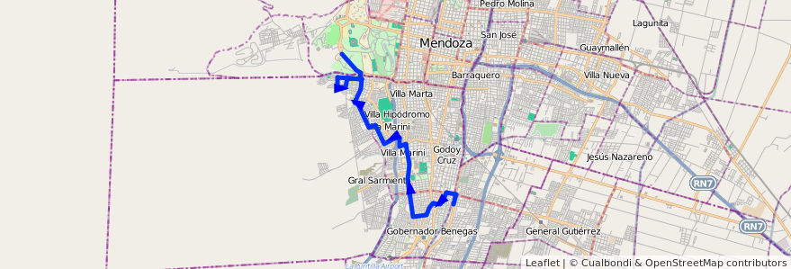 Mapa del recorrido 31 - Refuerzo E.G.B. 3 - Liceo Agrícola - Vinculación por el Oeste de la línea G03 en Mendoza.