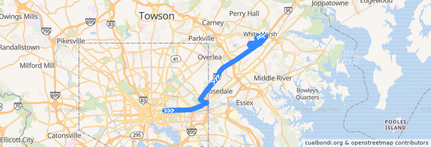 Mapa del recorrido Express Bus 120 (AM Reverse): White Marsh Park & Ride de la línea  en Maryland.