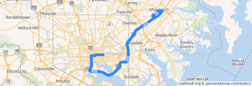 Mapa del recorrido Express Bus 120 (PM Reverse): Johns Hopkins Hospital de la línea  en Maryland.