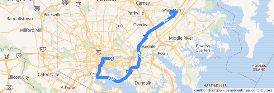 Mapa del recorrido Express Bus 120 (PM): White Marsh Park & Ride de la línea  en Maryland.
