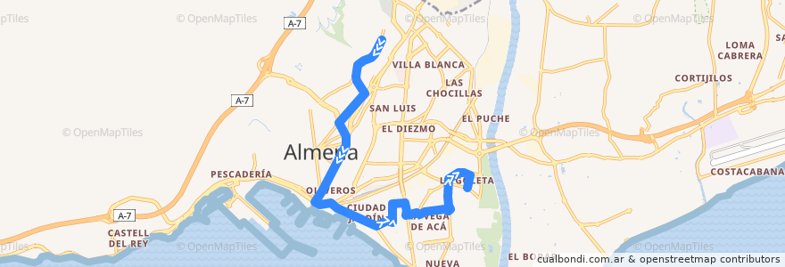 Mapa del recorrido L7: Piedras Redondas - La Goleta de la línea  en Alméria.