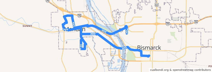 Mapa del recorrido Mandan to Bismarck de la línea  en داکوتای شمالی.