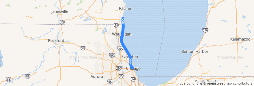 Mapa del recorrido Metra Union Pacific North: Kenosha => Ogilvie de la línea  en Illinois.