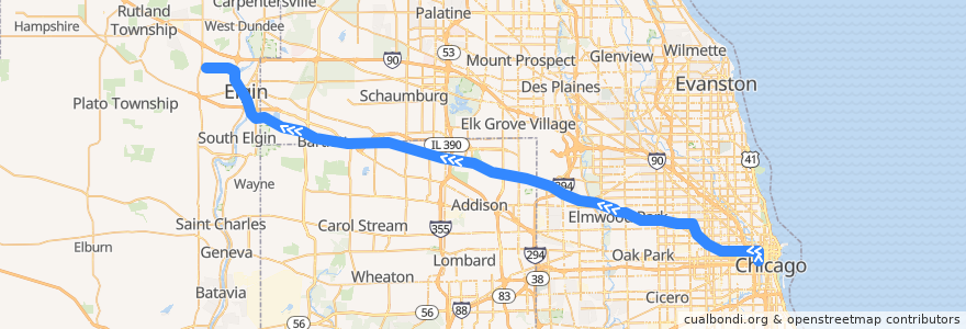 Mapa del recorrido Metra Milwaukee District West: Elgin => Chicago de la línea  en Illinois.