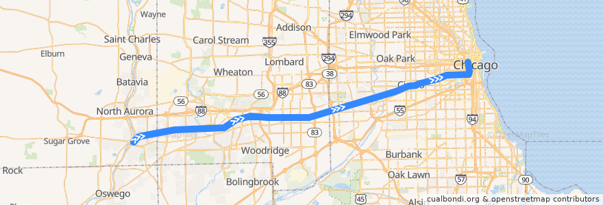 Mapa del recorrido Metra BNSF Railway: Aurora => Chicago de la línea  en Illinois.