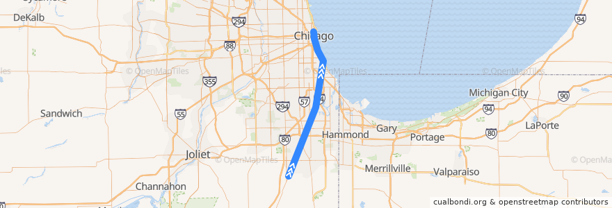 Mapa del recorrido Metra Electric District: University Park => Millennium Station de la línea  en 일리노이.