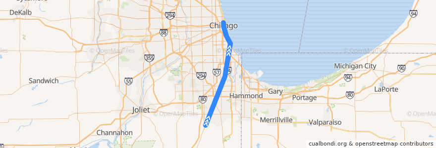 Mapa del recorrido Metra Electric District: University Park => Millennium Station de la línea  en Illinois.