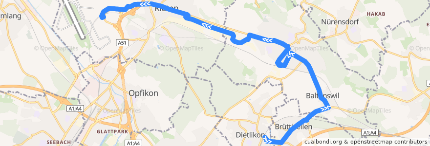 Mapa del recorrido Bus 765: Dietlikon, Bahnhof/Bad -> Zürich Flughafen, Bahnhof de la línea  en Bezirk Bülach.