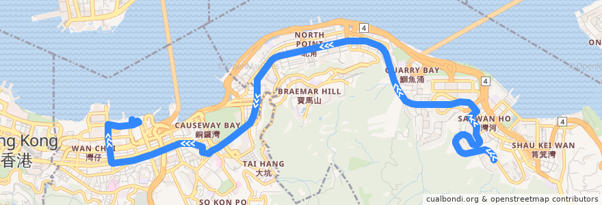 Mapa del recorrido Bus 2A (Yiu Tung → Wan Chai North) de la línea  en Hong Kong Island.