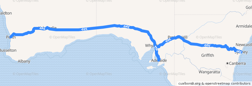 Mapa del recorrido Train Indian Pacific de la línea  en Australia.