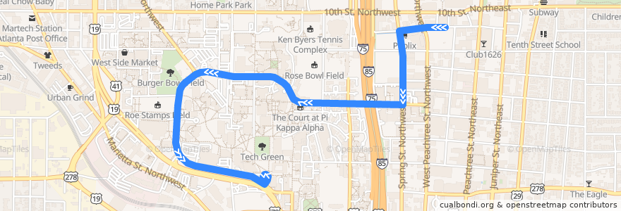 Mapa del recorrido Tech Trolley: Midtown MARTA => Transit Hub de la línea  en Atlanta.