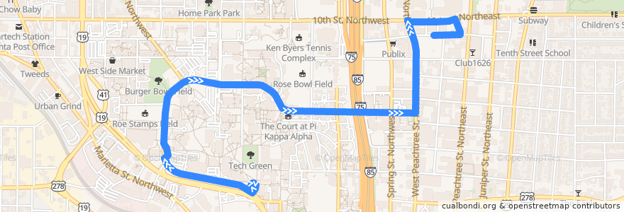 Mapa del recorrido Tech Trolley: Transit Hub => Midtown MARTA de la línea  en Atlanta.