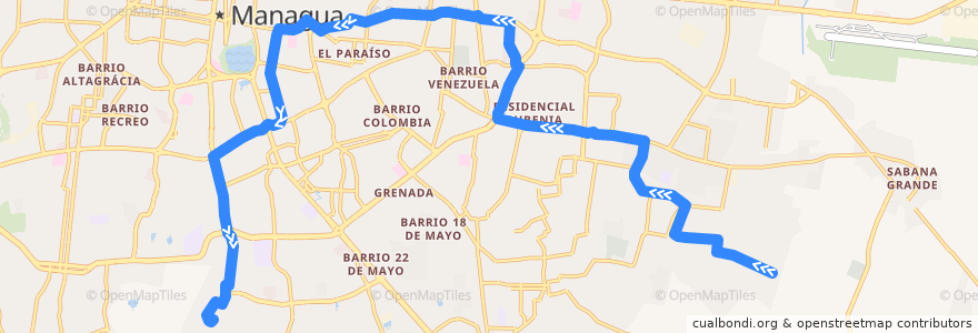 Mapa del recorrido Ruta 168: Lomas de Guadalupe -> Colonia Miguel Bonilla de la línea  en Managua.