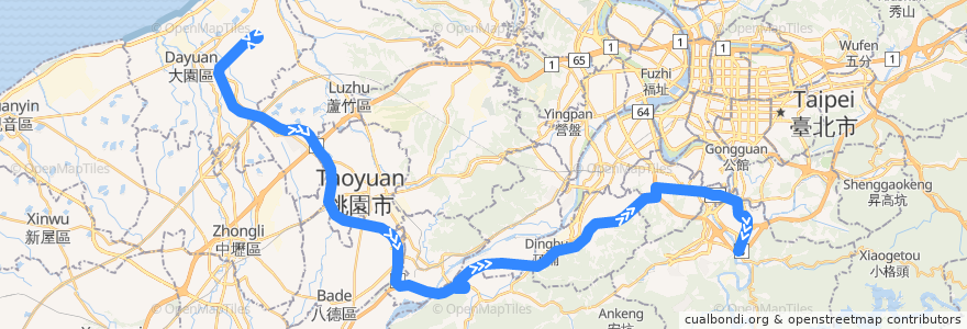 Mapa del recorrido 1968 捷運新店站-桃園機場 (返程) de la línea  en 中華民國12浬領海外界線.