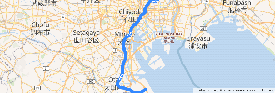 Mapa del recorrido エアポート快特 成田空港駅->羽田空港第1・第2ターミナル駅 de la línea  en 東京都.